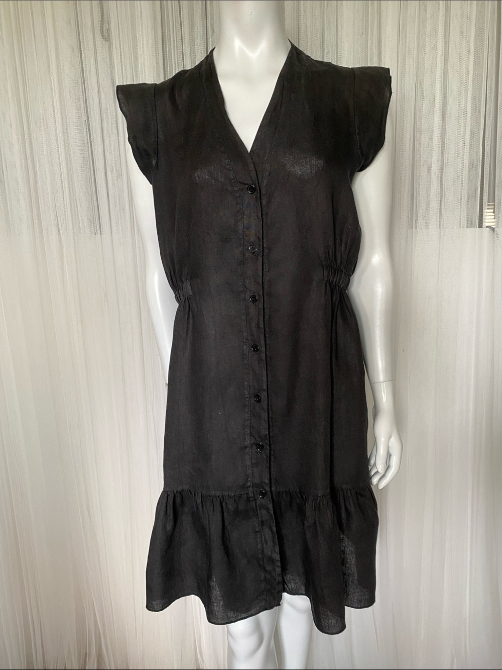 Allegra Masetti Firenze Italy 🇮🇹 Black Button-Front Cap Sleeve 100% Linen Dress